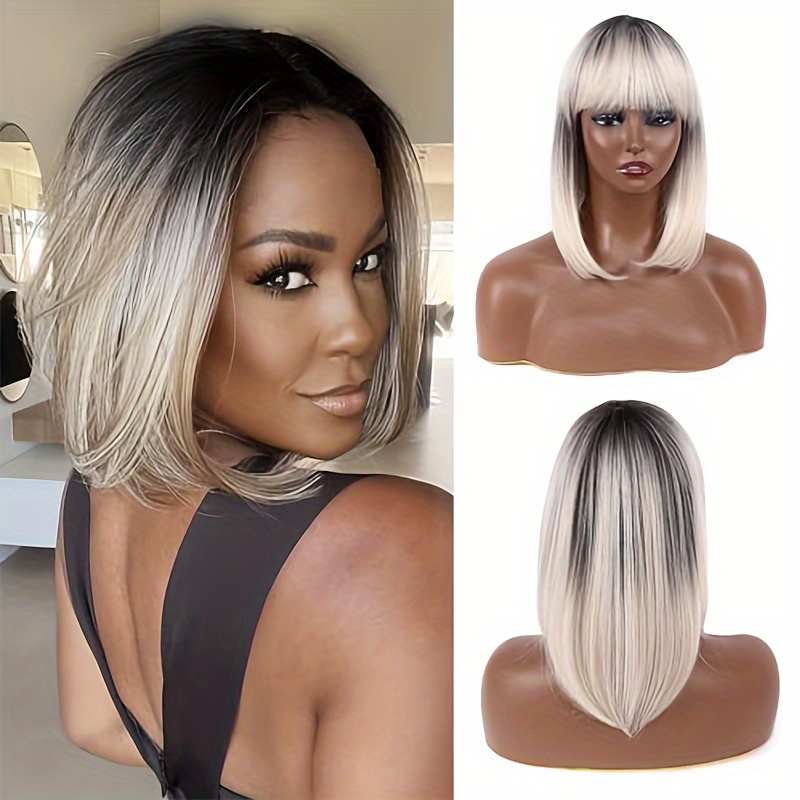 

Grey Mix Black Bob Wig With Bangs 14 Inch Short Bob Wigs For Women Straight Bob Wig With Bangs Natural Looking Synthetic Wig For Daily Party Use, Cosplay, Halloween