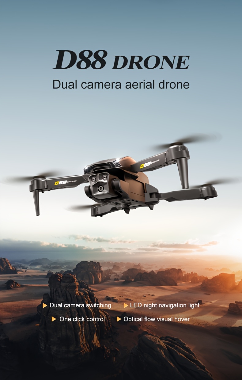 Drone z Podwójną Kamerą D88, Obiektyw Możliwy do Regulacji Ręcznej o 90°, Pozycjonowanie Optyczne, Tryb Utrzymywania Wysokości, Akrobacje Jednym Przyciskiem, Światła LED, Wyposażony w Ładowalną Baterię, Sterowanie Zdalne, Obsługa Jednym Przyciskiem, Idealny dla Początkujących, Składany Kwadrokopter, Przenośny Zestaw do Fotografii Lotniczej, Bardzo Nadaje się na Podróże lub Kemping, Prezent na Wakacje, Prezent Urodzinowy