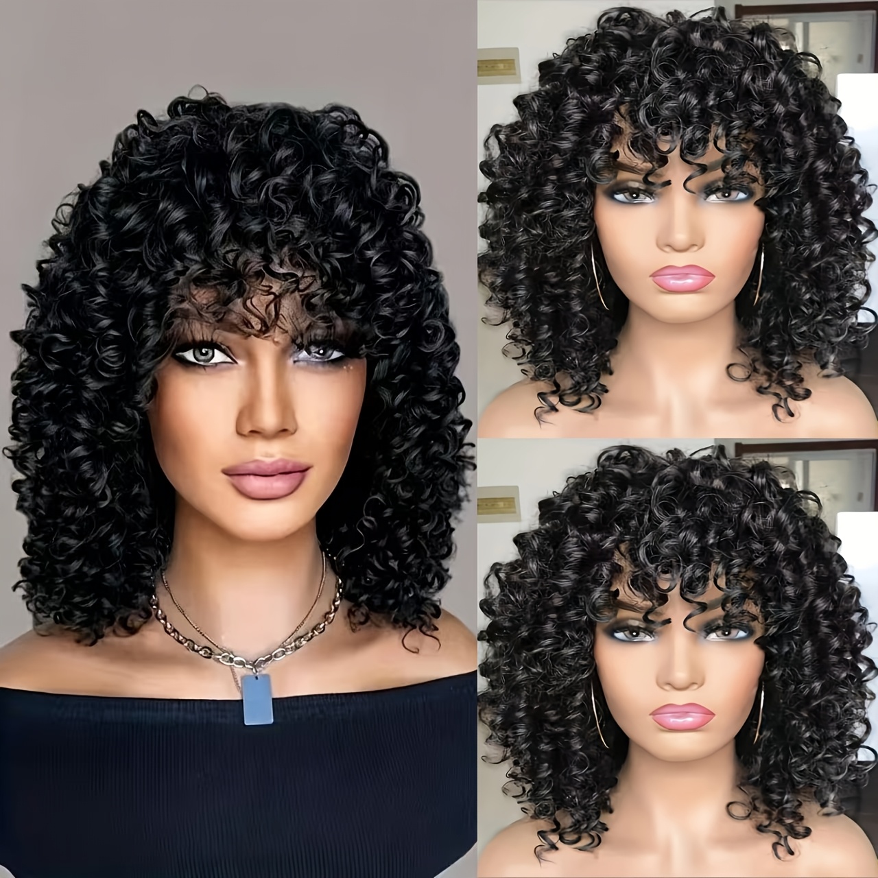 TEMU Elegant Women Short Afro Synthetic Ombre Brown Wig With Bangs, High Temperature Fiber, Elastic , For Daily Wear