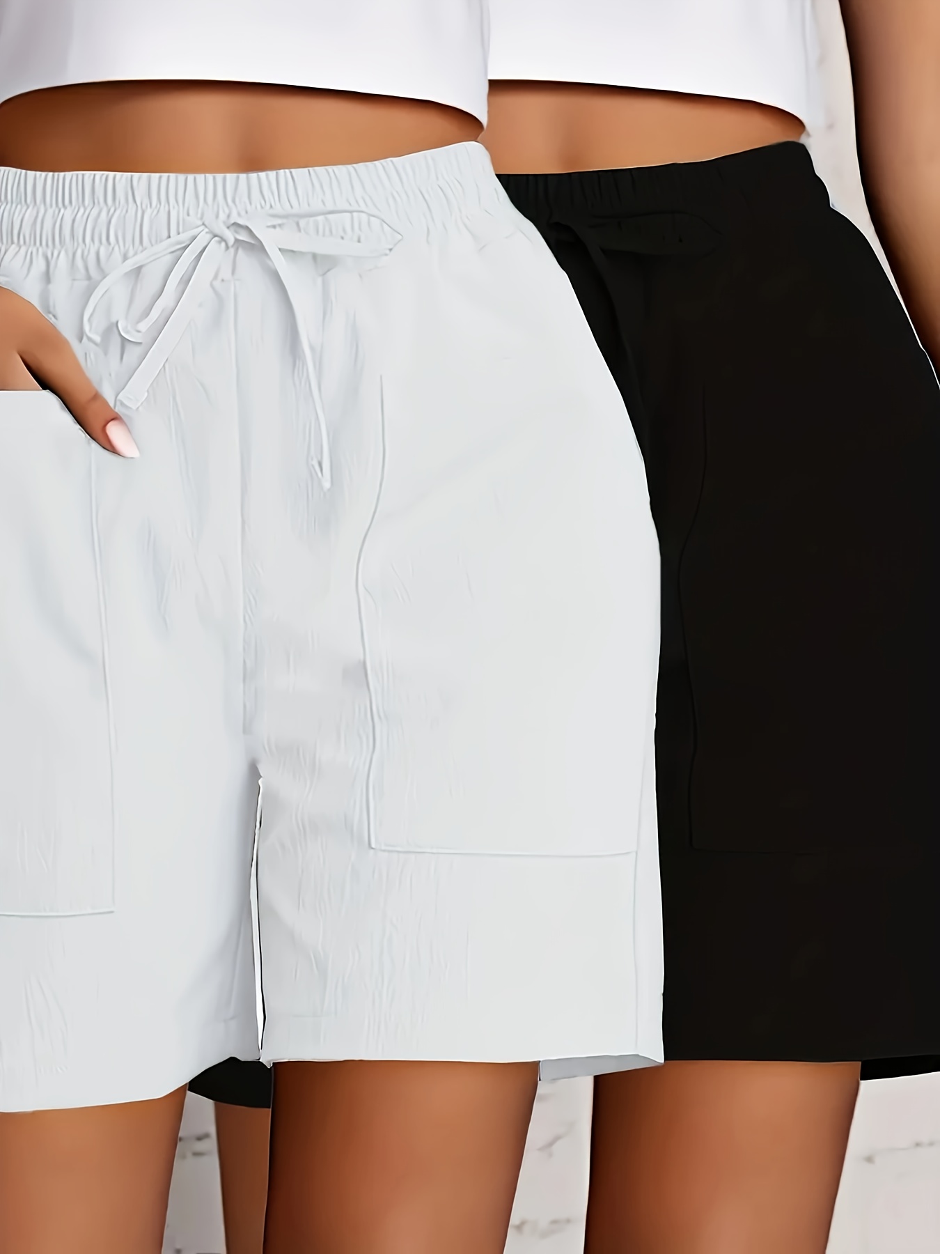 2pcs womens casual solid color pocket drawstring shorts