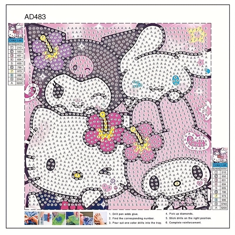 Image of 1pc Vibrant Hello Kitty & Kuromi 5d Diamond Painting Diy Kit, 6.69x6.69 Inches Drill Rhinestone Art With Frame - Decor Craft, Mosaic Wall Art For Tabletop Display