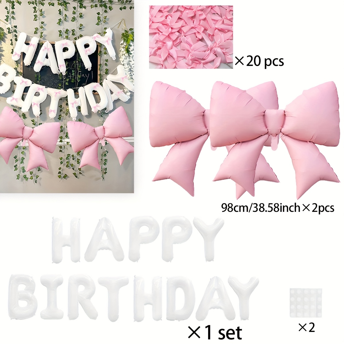 Image of Large Pink Bow Balloon, White "happy Birthday" Foil Balloon Banner, And Diy Pink Ribbon Bow, Suitable For Bow-themed Birthday Party Supplies And Anniversary Party Decorations