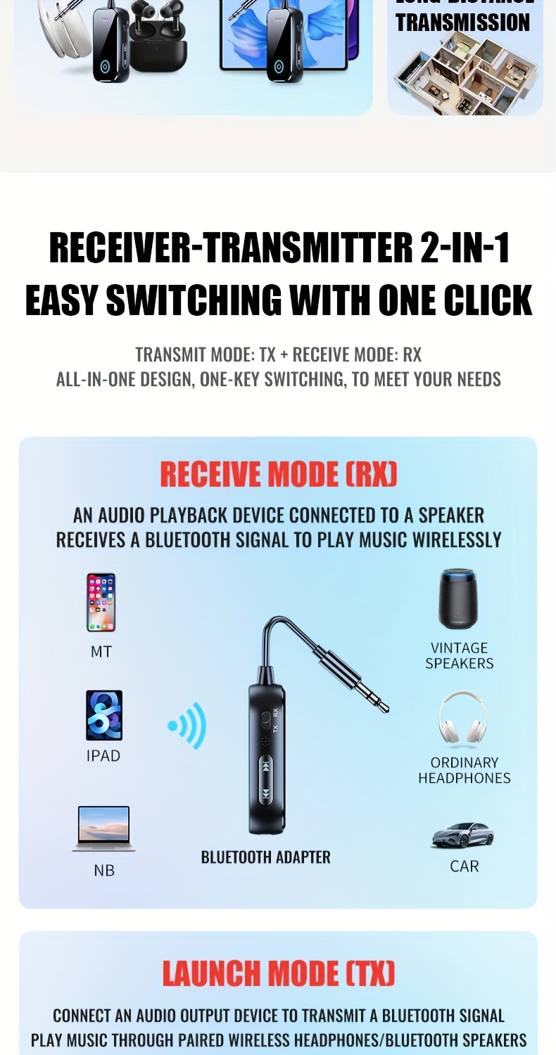 2-в-1 Bluetooth 5.4 Аудио Приемник Предавател, HiFi Стерео Безжичен Адаптер, 3.5mm AUX с Микрофон, Подходящ за Кола, Самолет, Телевизор, Компютър, Говорители