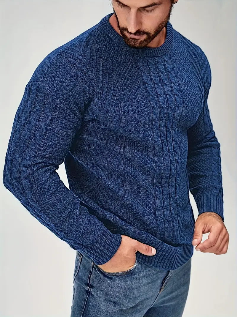 mens winter warm knit sweater soft round neck long sleeve casual pullover solid color beige navy machine washable thick sweater jacket for cold weather office casual attire Product details 0
