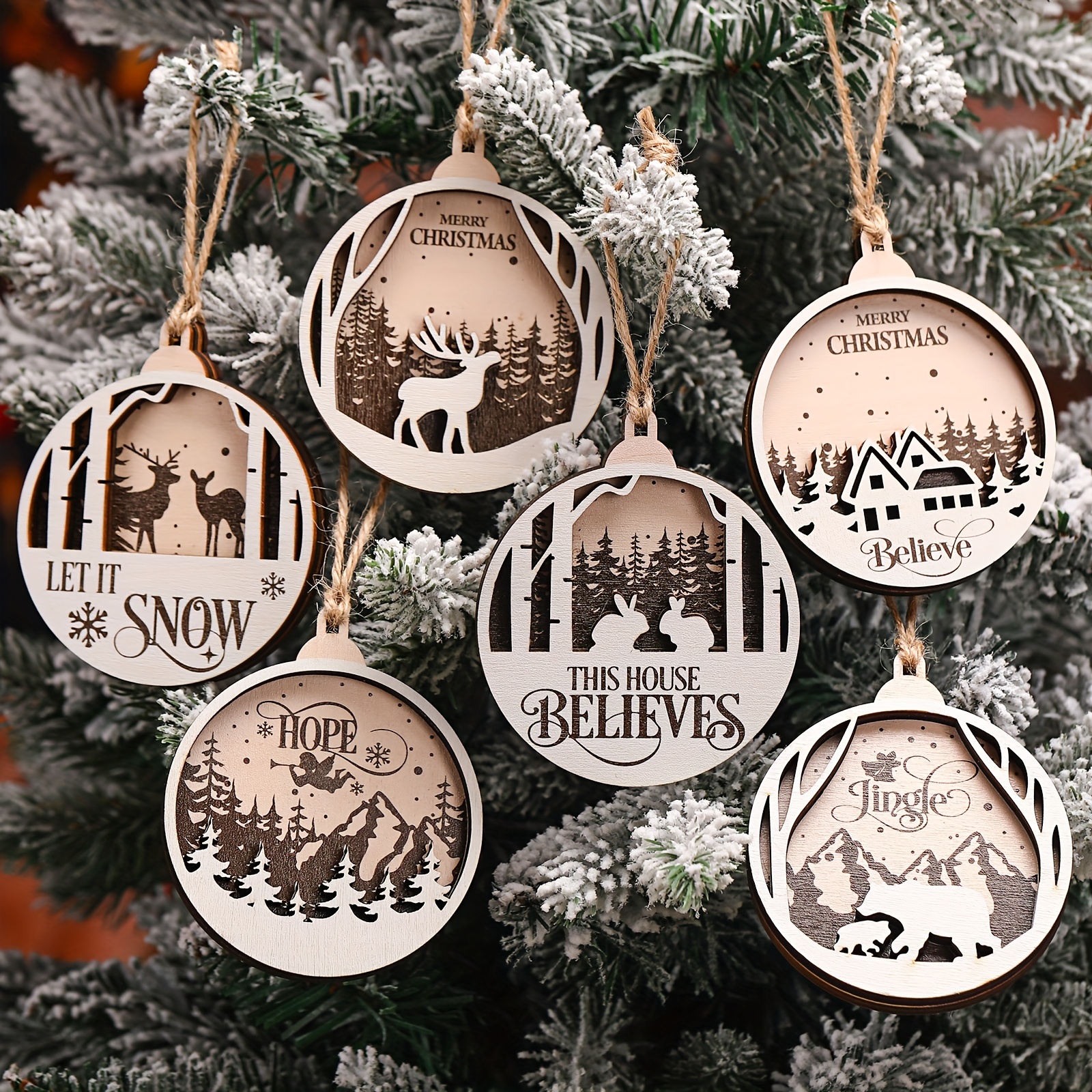 TEMU Set Of 6 Rustic Wooden Christmas Decorations Featuring Hollow Woodland Reindeer, Snowflakes, And Winter Scenes With Designs Saying " Snow" And