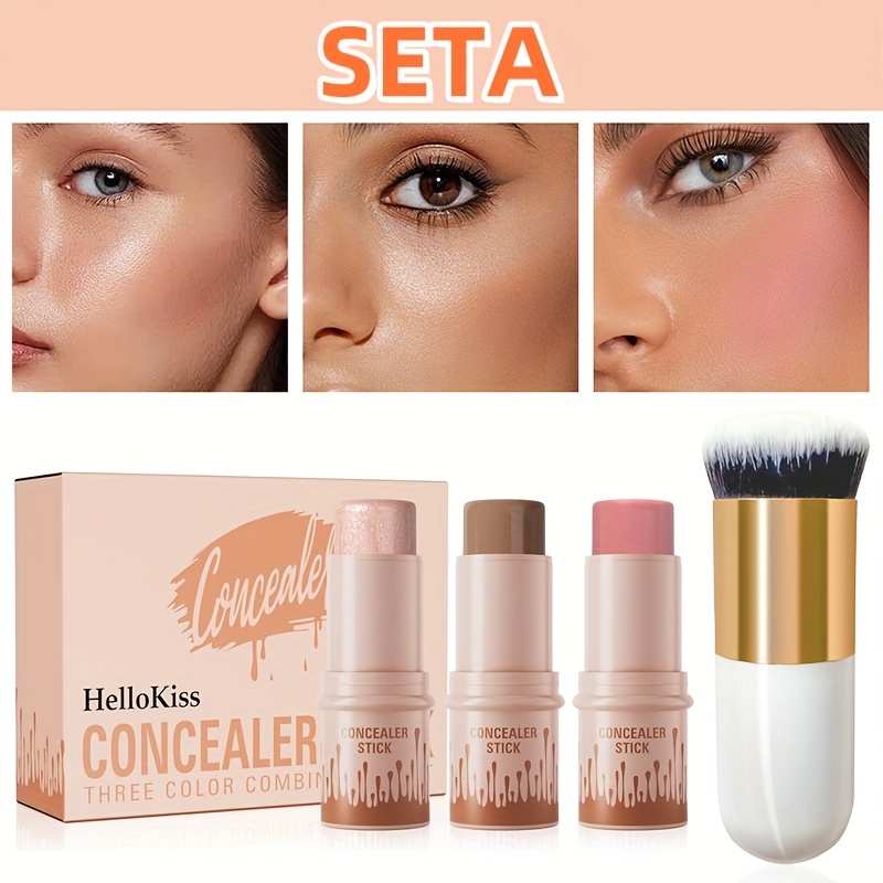 TEMU 3 pièces Kit Contour Crème Hellokiss - à Joues, Highlighter & Stick Bronzant Non Gras et Résistant à avec Pinceau | Formule à Base de Squalane