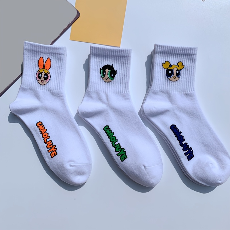 TEMU 3 Pairs Women's Mid-calf Socks, Soft Breathable Moisture-wicking Warner . Powerpuff Series Floral And Bubble Cartoon Print Fashion Cute Toe And