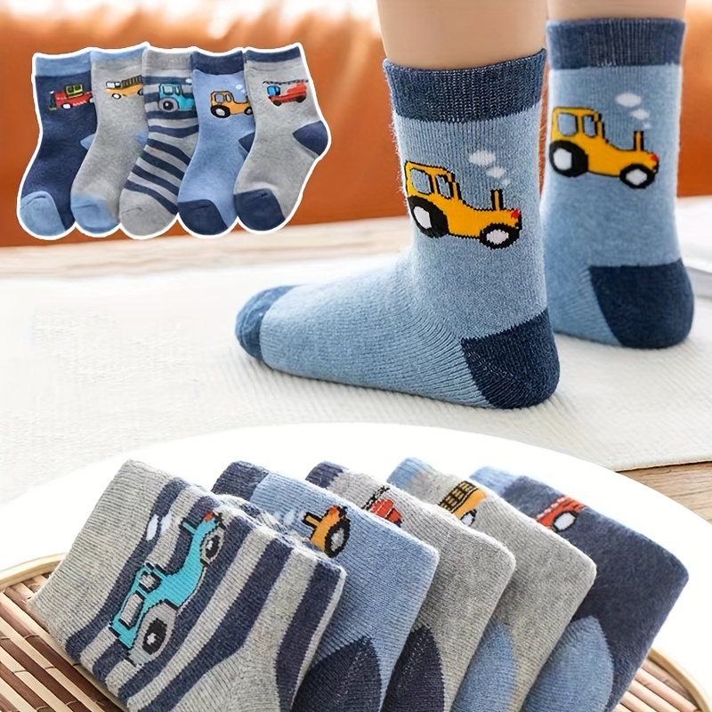 5pcs Cozy Youngsters' Fleece-Lined Warm Hoop Socks - Thick, Soft Polyester Blend with Fun Car Patterns, Stripes & Solid Colors - Perfect for Boys & Girls Fall/Winter Daily Wear, Cute Socks