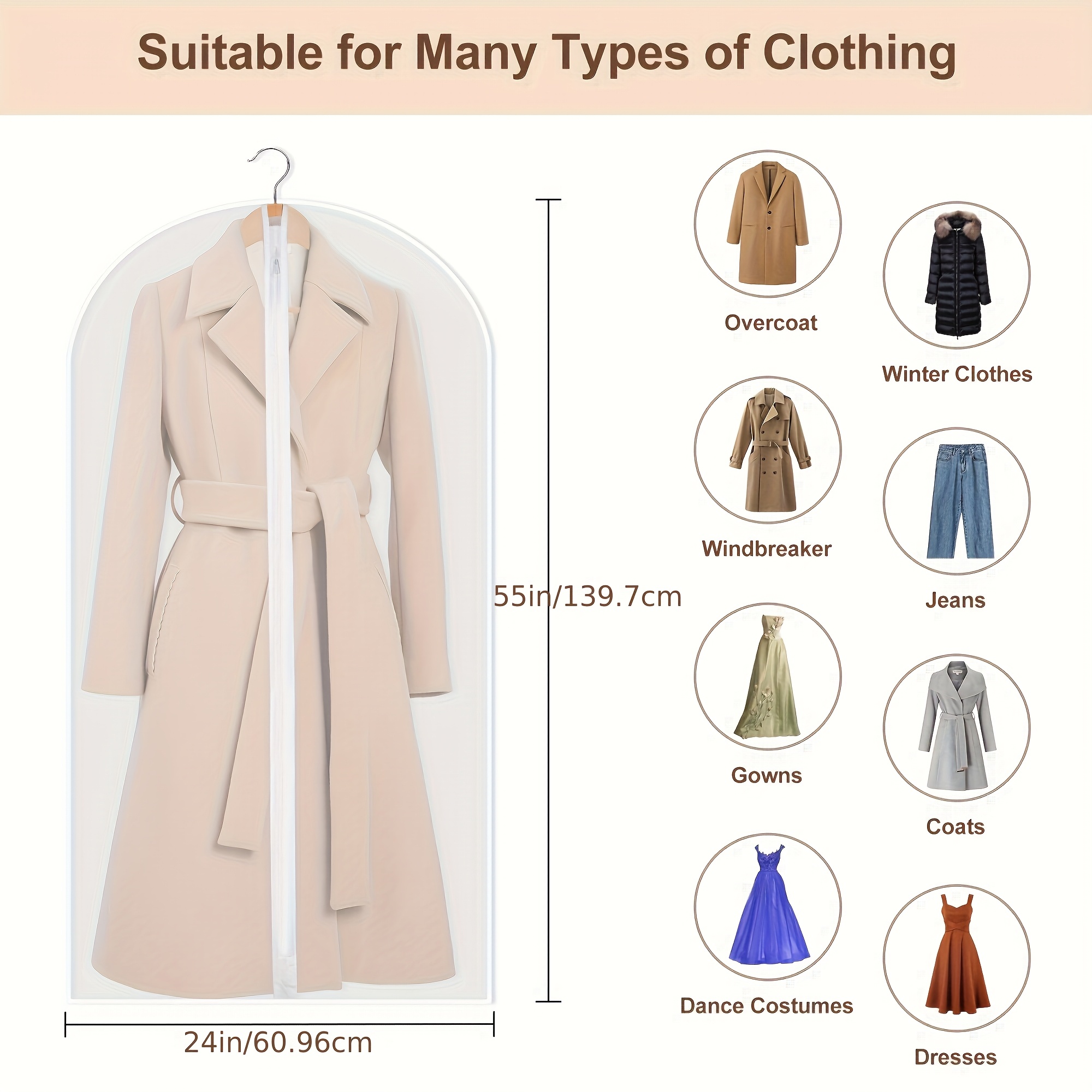 5pcs Zippered Garment Bags - Transparent PEVA Dustproof Clothing Covers with Hanging Hooks for Suits, Coats & Delicate Fabrics, Closet Organization & Travel Storage, Clothes Organizer Storage