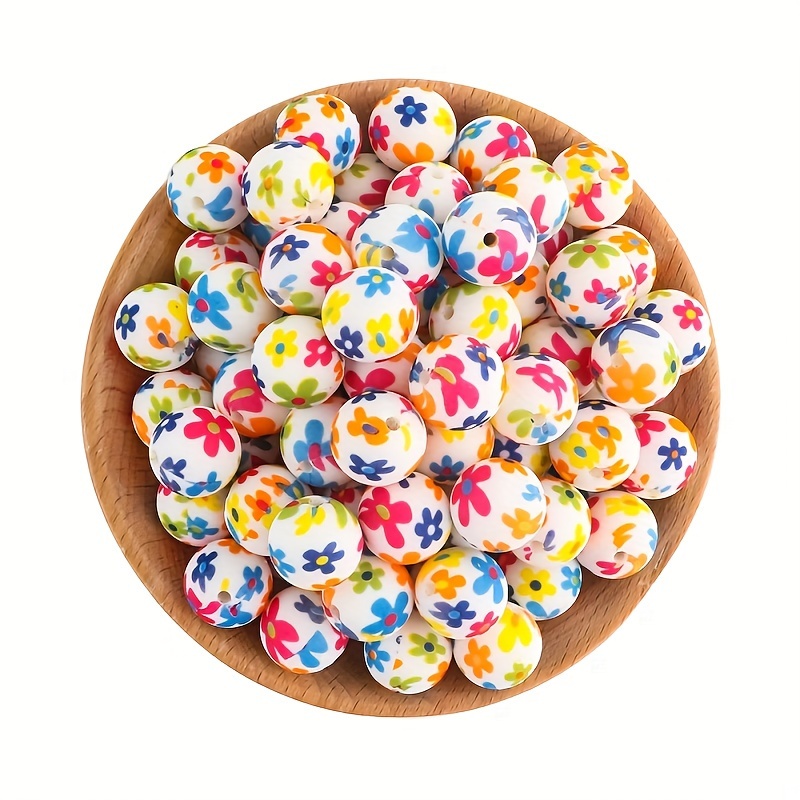 

10pcs 15mm Floral Silicone Colorful Round Beads For Jewelry Making Ideal Diy Necklaces, Bracelets, Key Bag Chains Crafts Accessories