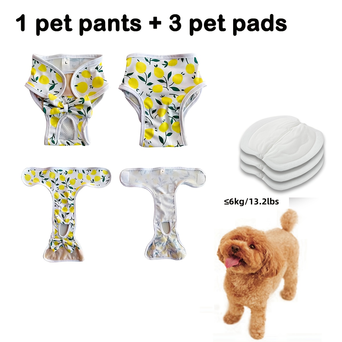 TEMU 4pcs Pet Menstrual Pants Set, Reusable Dog Diapers With 3 Pads, Adjustable Waistband, Washable Polyester Dog Underwear, Reusable Pet Period