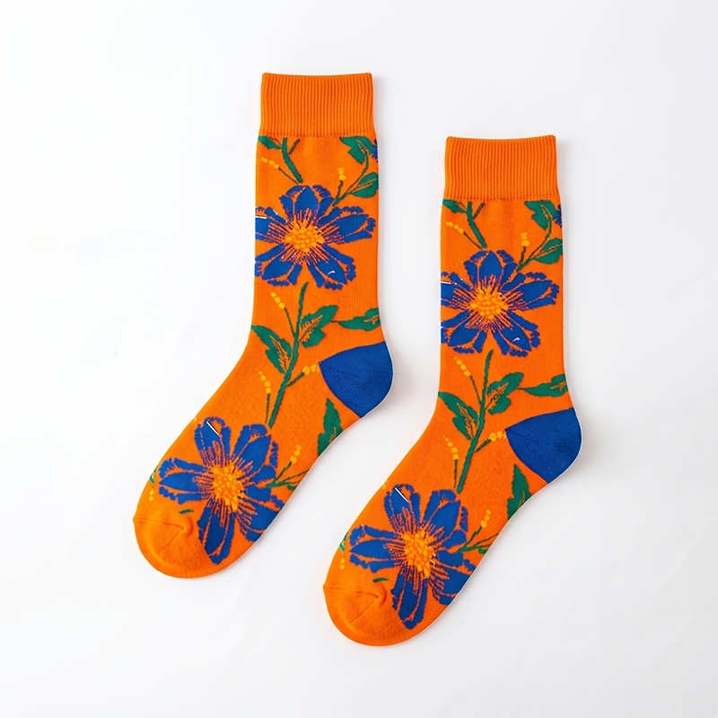 TEMU 1 Pair Unisex With Large Blue Floral Pattern, Blue Contrasting Heel, Polyester, Breathable, Vintage Mid-calf Socks, Suitable For Daily Wear
