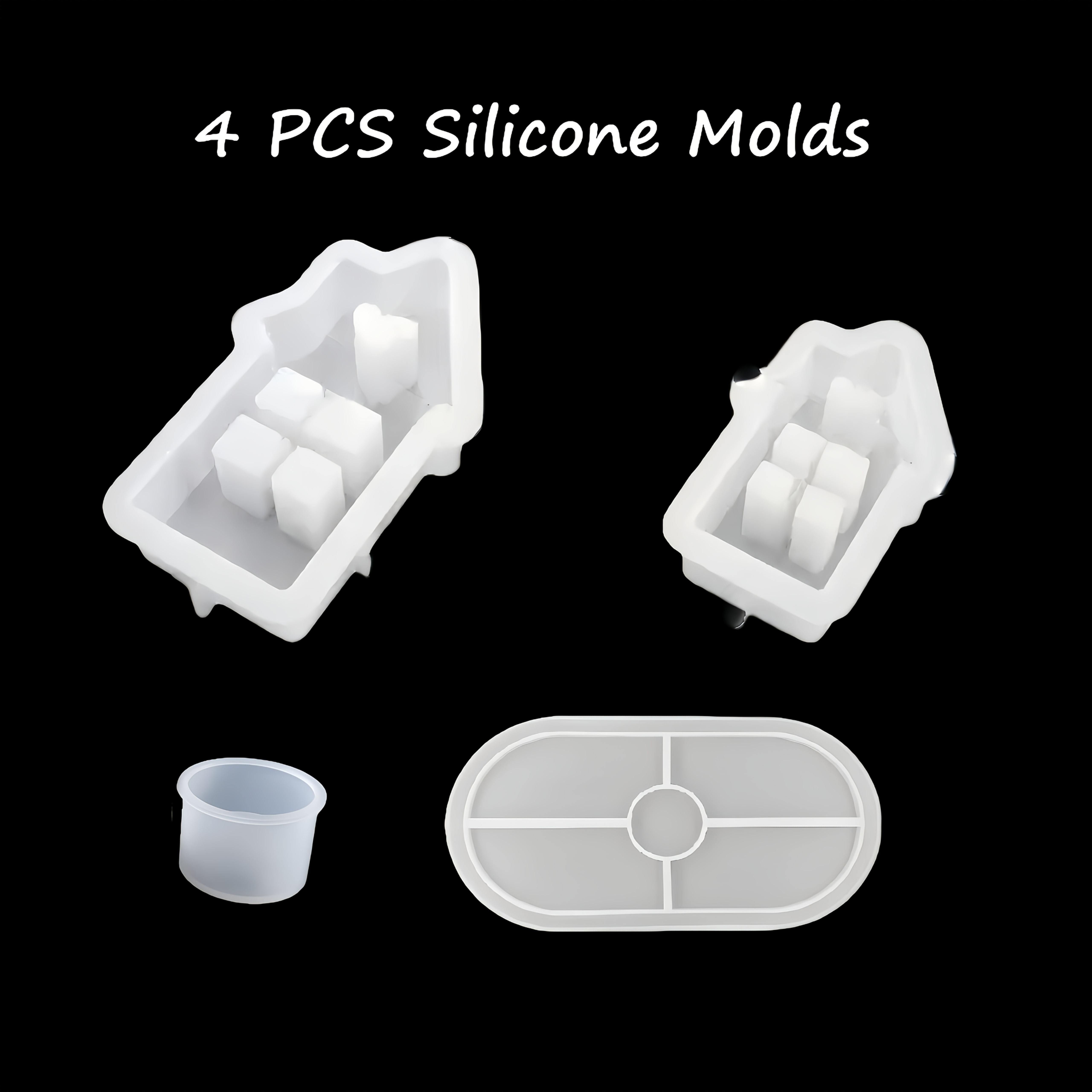E-shop 4-teiliges Silikonformen-Set: Herz, Schornsteinhaus, Ovaltablett Zylinder-Kerzenhalterformen für Gips, Harz Mikrozement DIY-Bastelarbeiten,