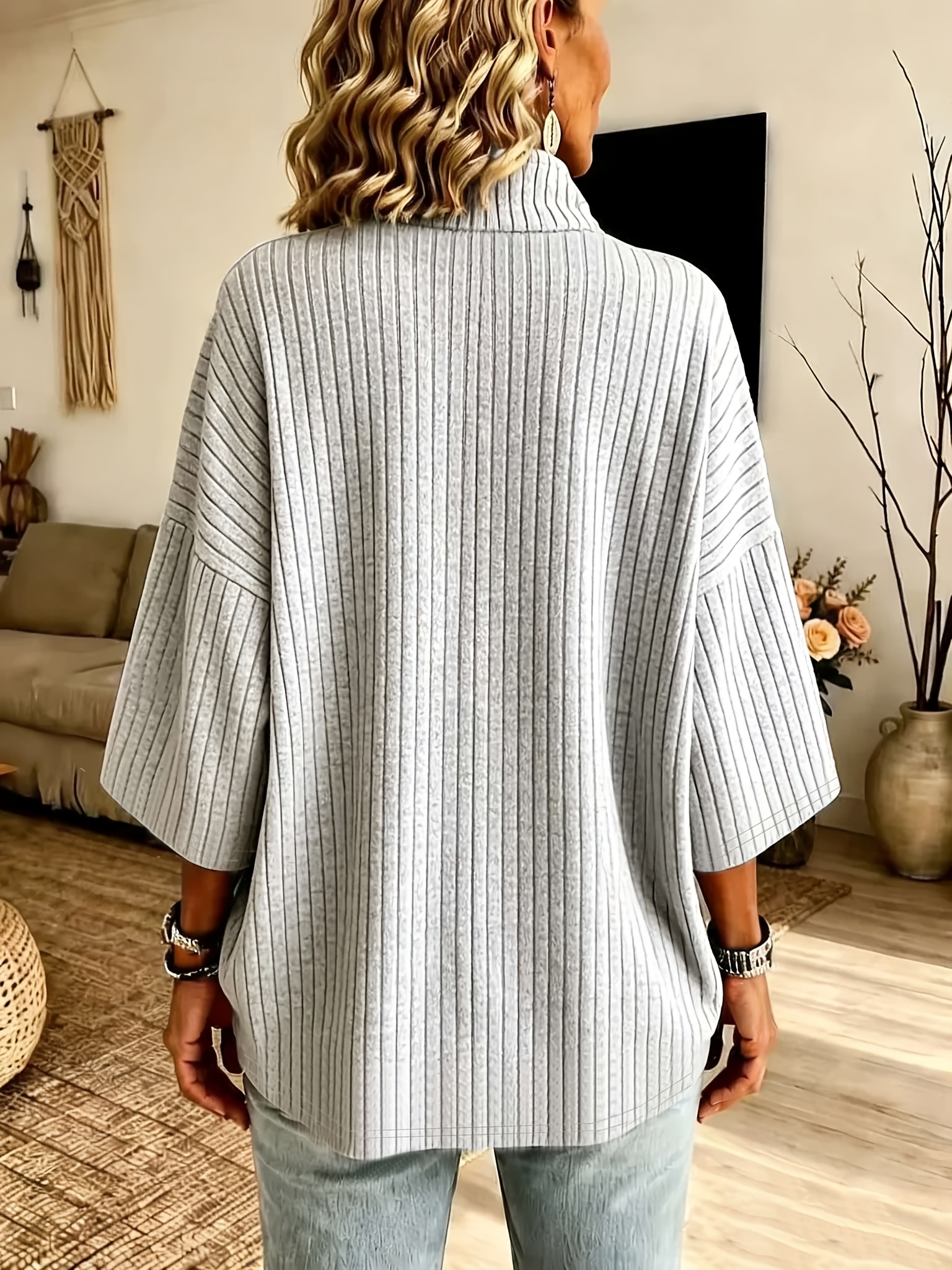 autumn winter womens casual zipper high neck 3 4 sleeve loose fit comfortable warm ribbed fabric top