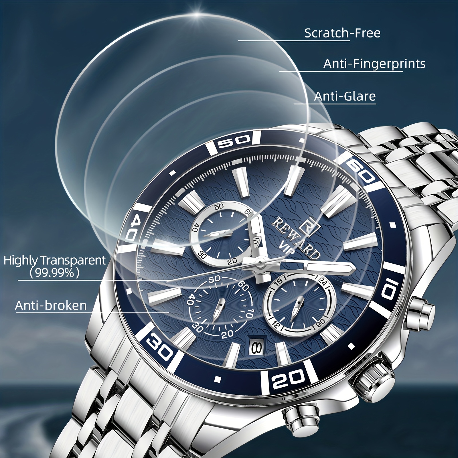 reward vip mens quartz wristwatch   with sequins round   alloy case stainless steel strap chronograph date 24 hours display luminous battery powered non rechargeable   watch details 3