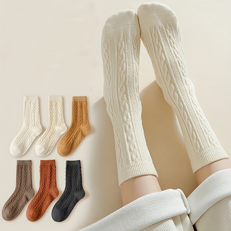 

6 Paires de chaussettes tricotées pour femmes, longueur jusqu'aux genoux, 100% polyester, épais, motif torsadé, couleur unie, lavables à - pour et l'hiver