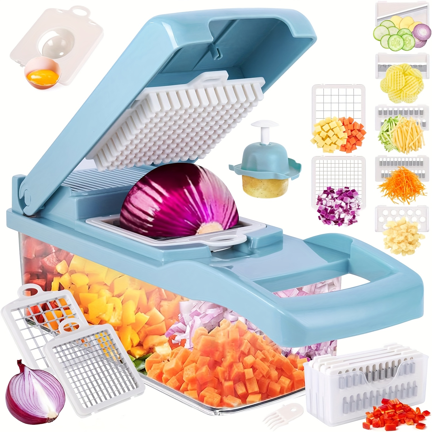 

Vegetable Chopper, Pro Onion Chopper, 14 In 1multifunctional Food Chopper, Kitchen Vegetable Dicer Cutter, Veggie Chopper With 8 Blades, And Garlic Chopper With Container (blue)