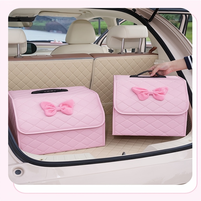 

1pc Pink Quilted Pu Leather Car Trunk Organizer With – , Stylish Storage For Vehicles And Home, Fit, Protection, Car Storage