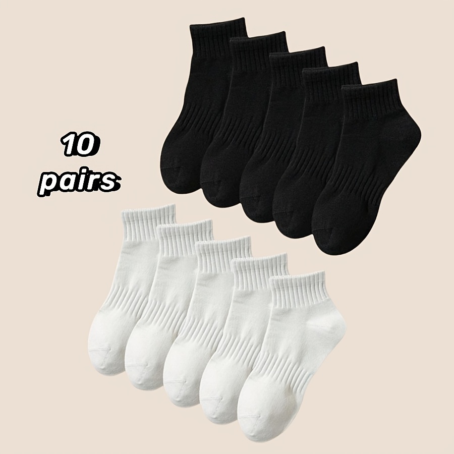 

10 Pairs Plus-size Women' Ankle Socks Black White Solid Color Simple Sporty Style Breathable Short Socks, Outfits, Wholesale Socks