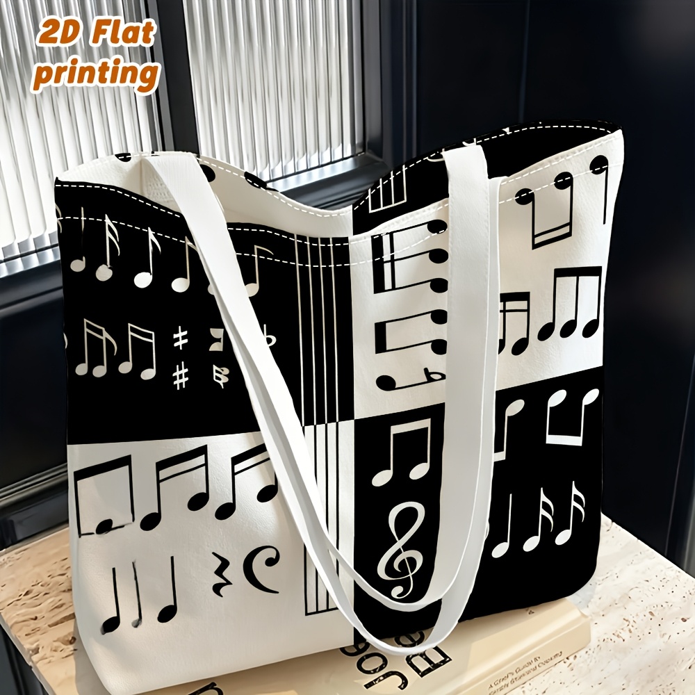 TEMU 1pc Black And White Musical Note Pattern Printed Women's Shoulder Bag, Crossbody Hand/backpack 2-in-1 Reusable, Fashion Casual, Suitable For