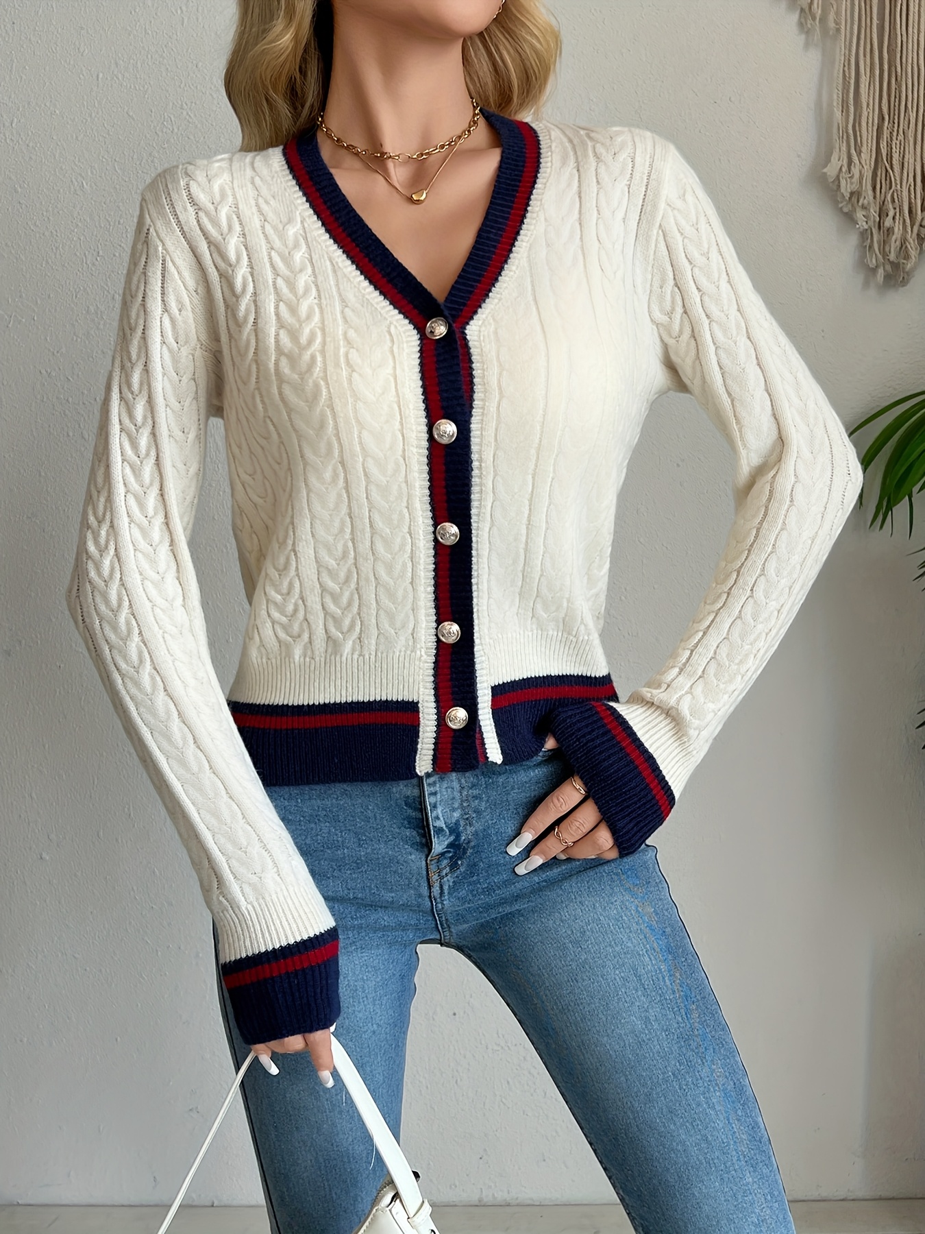 womens colorblock striped cardigan   fit v neck long sleeve cover up maroon navy blue lightweight fabric     casual wear cardigan   cardigan construction cardigan sweater Product details 4