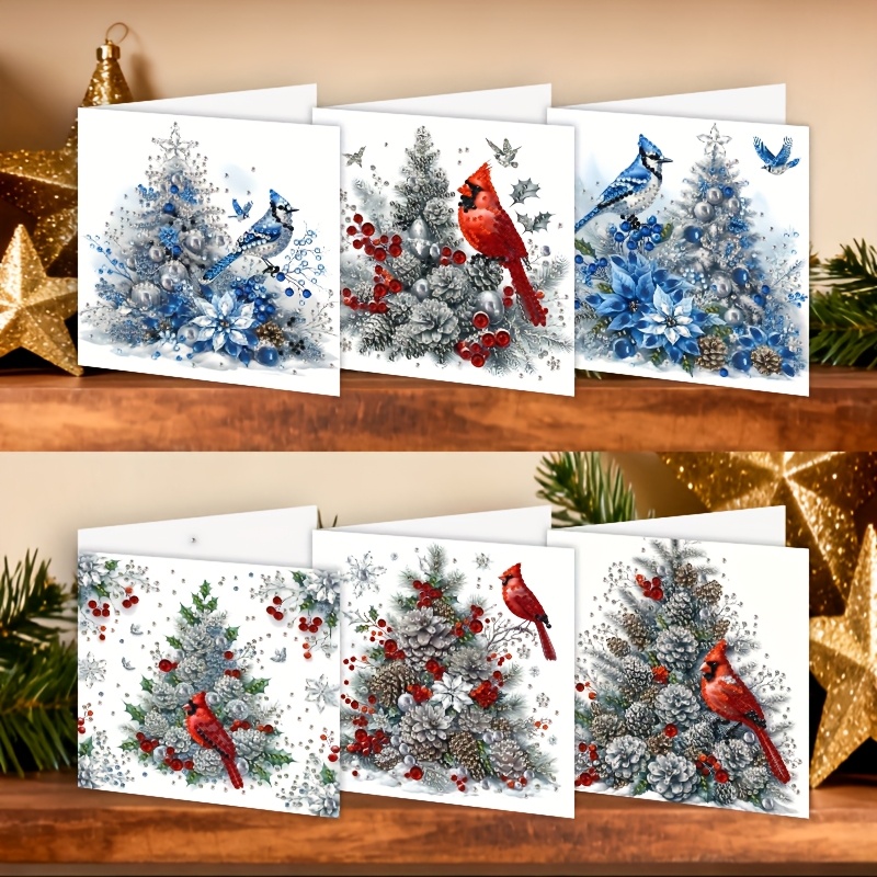TEMU 6 Diamond Painting Greeting Card Sets - Bright Christmas Tree And Bird Series Scenes! With Handcrafted Greeting Cards. Perfect For Elders,