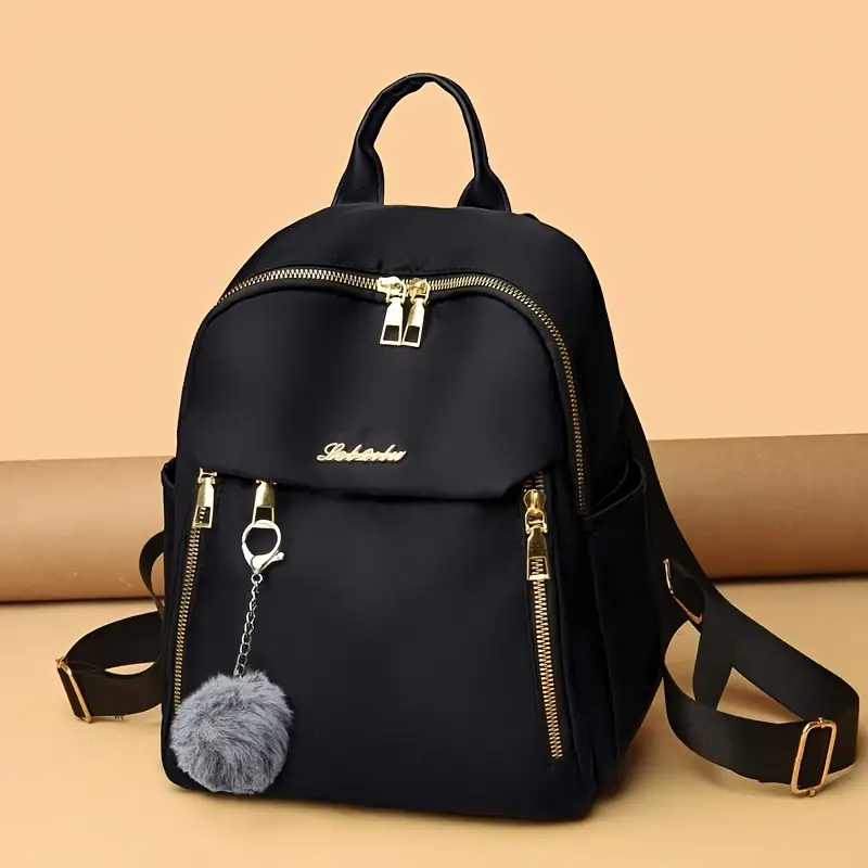 Ladies Fashion Backpack Chic Black Golden Zippers Lightweight Oxford Unisex Travel School * Ladies Fashion Backpack Chic Black Golden Zippers Lightweight Oxford Unisex Travel School *