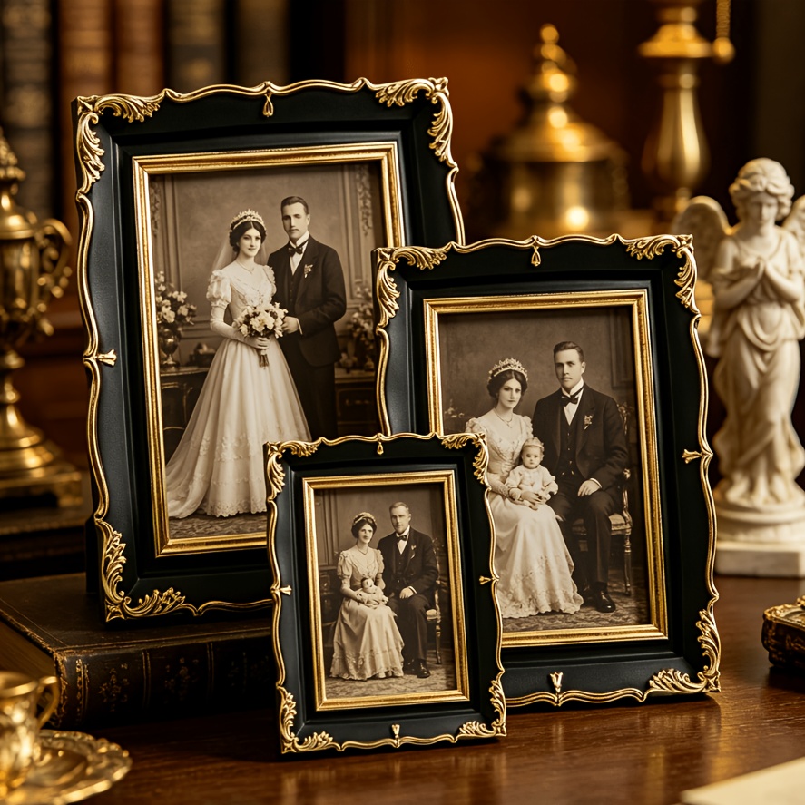 1pc Vintage-Style, Ornate Photo Frames in vintage Golden And Black for Home Décor, Showcasing Wedding Photos, Family Portraits, And Art Prints