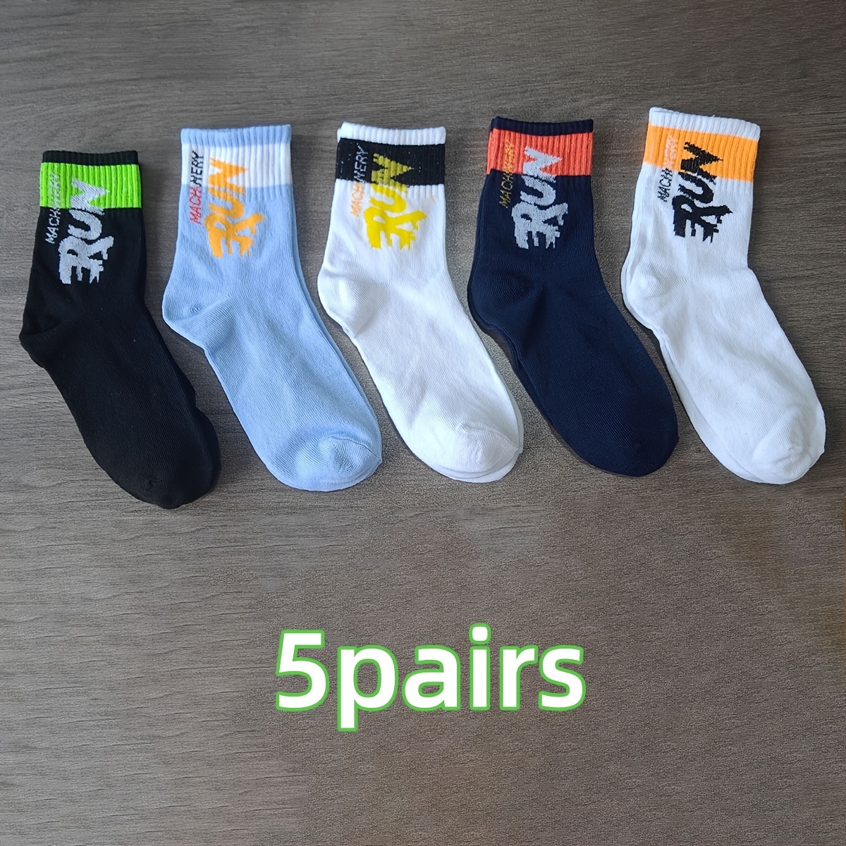 TEMU 5pair Letters Pattern Men's Mid-calf Crew Socks, Breathable Comfy Casual Socks Sweat-absorbing Fashion Sports Socks For Outdoor Fitness Basketball Running