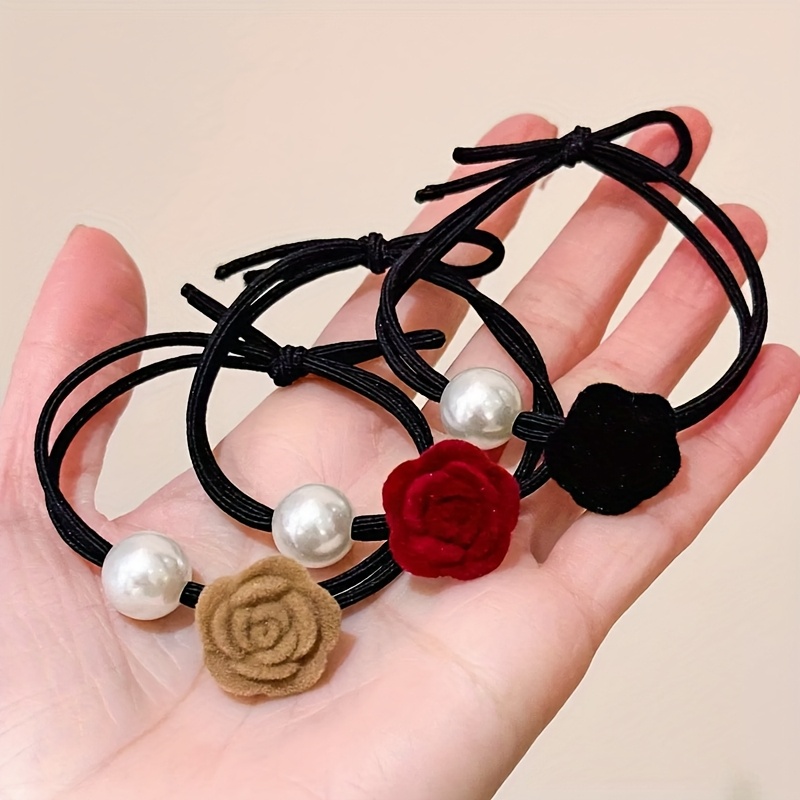 TEMU New 3pcs Mixed Color Set Women's Rose Hair Ties, Fashionable And Elegant High-elasticity Hair Bands That Do Not Damage Hair, Suitable For