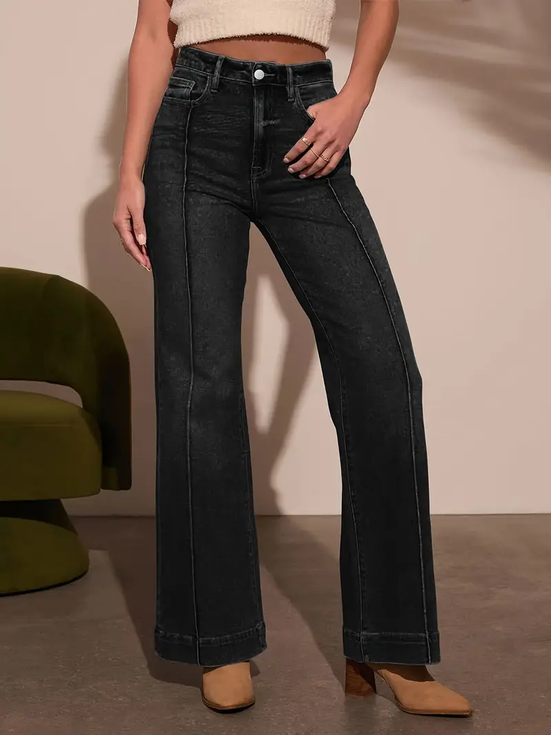 Leg Pants High Waisted 70s Jeans M1211 Women's Black High Waist