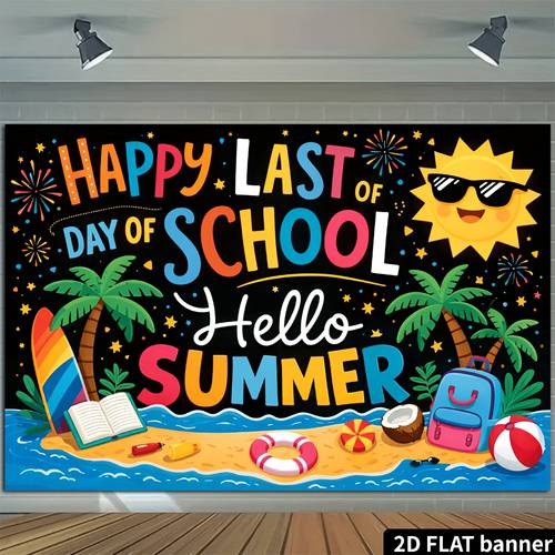 item picture of school banner backdrop themed with beach school decor suitable for parties classrooms indoor outdoor durable hanging decoration with cool black background colorful lettering for end of parties 2d flat