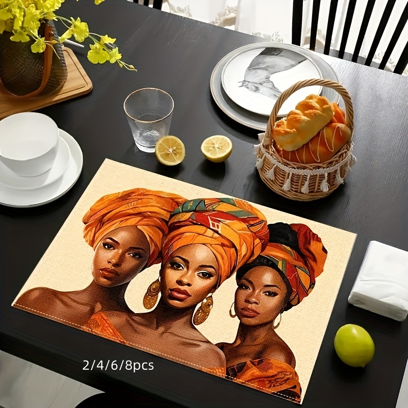 

Set Of 2/4/6/8 African Style Fashionable Women Linen Placemats - Hand Wash Only, Woven Linen 100%, Rectangular Table Mats For Kitchen Dining & Coffee Table Home Decor