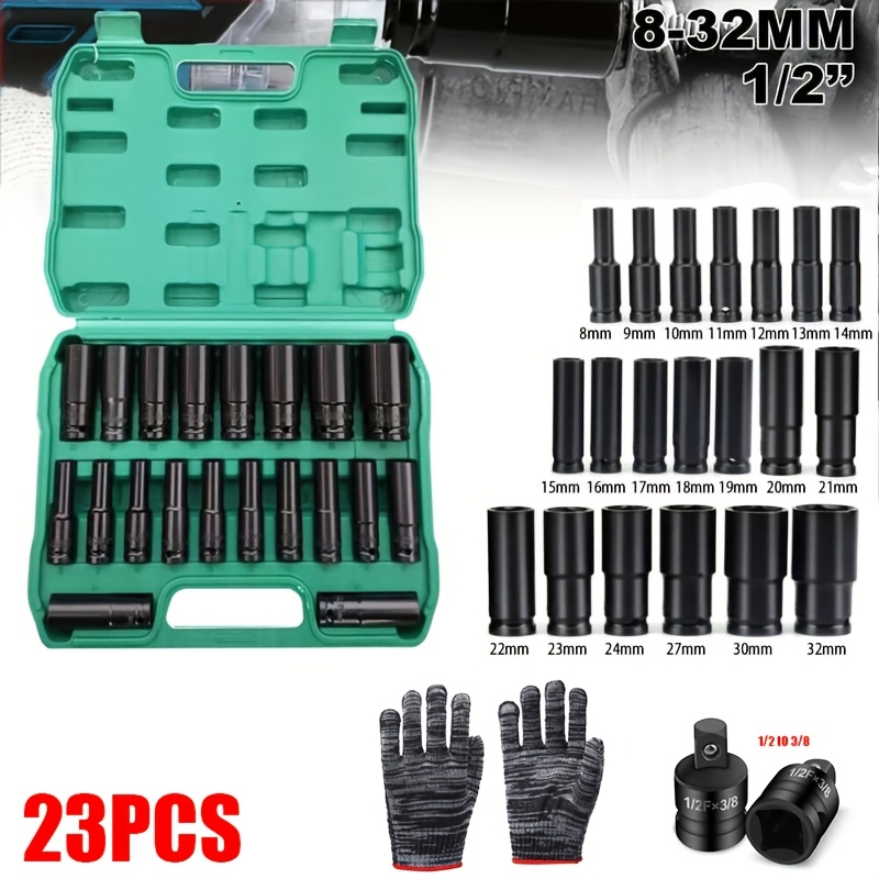 TEMU 10/12/20/23pcs Impact Socket Set, Heavy-duty 1/2" Drive Wrench Sockets For Tire Removal, Durable Construction, Pneumatic Tool Compatible For