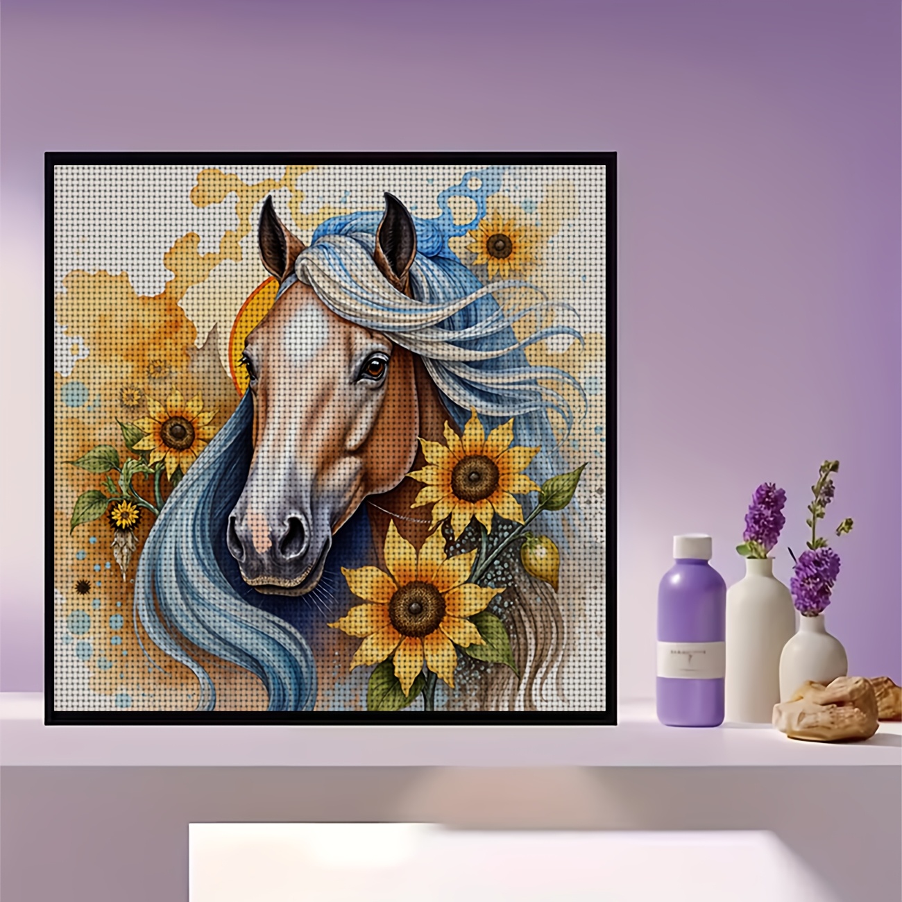 DIY Cross-Stitch Printed Kit, Unframed Blue Mane Horse & Sunflower Design