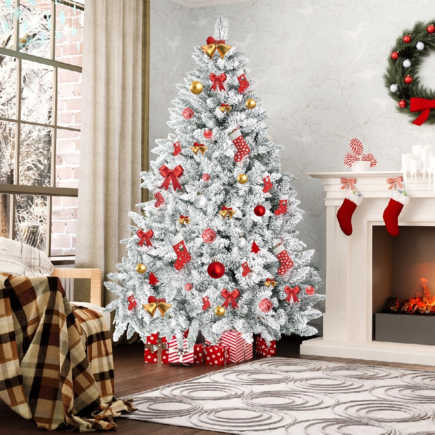 6ft Artificial Christmas Tree, Xmas Tree With 1, 000 Branch Tips, Flocked Christmas Tree With Metal Stable Stand Base For Indoor And Outdoor Holiday Decoration(white)