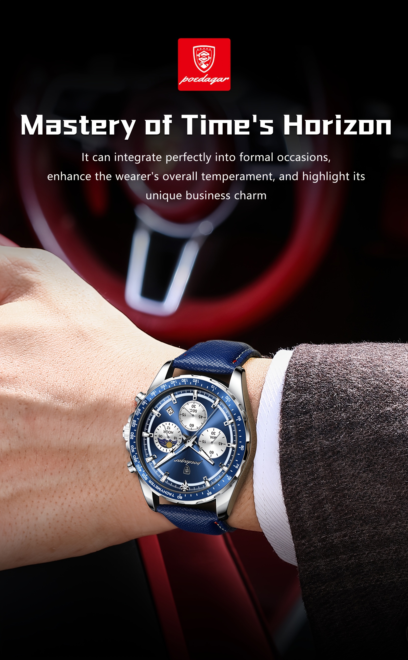 Luxury Leather Waterproof Men'S Watch | Casual Style, Color, 3ATM Water Resistance, Quartz Movement, Non-rechargeable Battery, POEDAGAR Brand