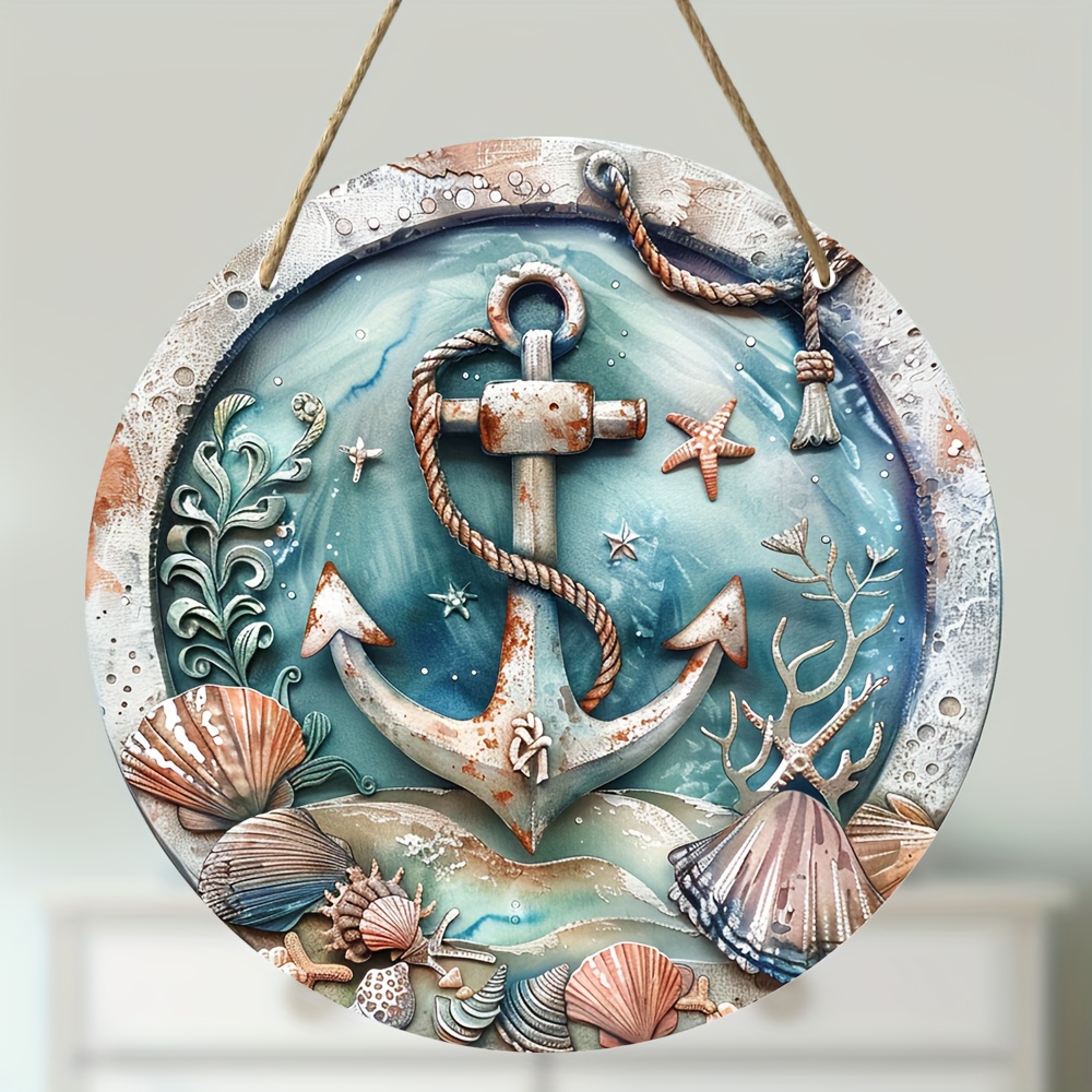 

1pc Nautical Summer Sign, Round Wooden Anchor & Shells Wreath Plaque, Rustic Wall Hanging For Beach Home, Garden, Doorway, Living Room, Restaurant Decor, Ocean-themed Wall Art (8x8 Inches/20x20cm)