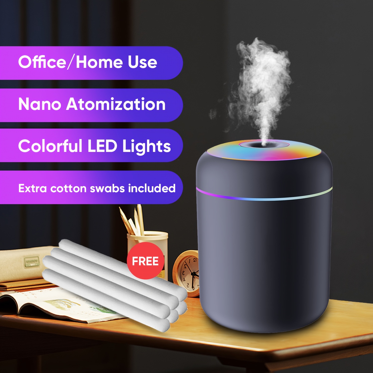 TEMU 1pc Diffuser & Humidifier, Car Humidifier With Usb Charged, Color-changing Led For Night, Ambient Light, For Vehicle, Bedroom, Office
