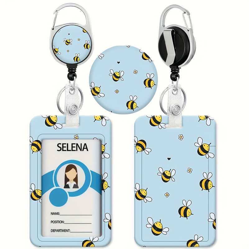 TEMU 2d Easy Cartoon Bee Pattern Light Blue Printed Id Holder For Bus And Campus Cards - With Retractable Id Clip - Badge Holder - Suitable For