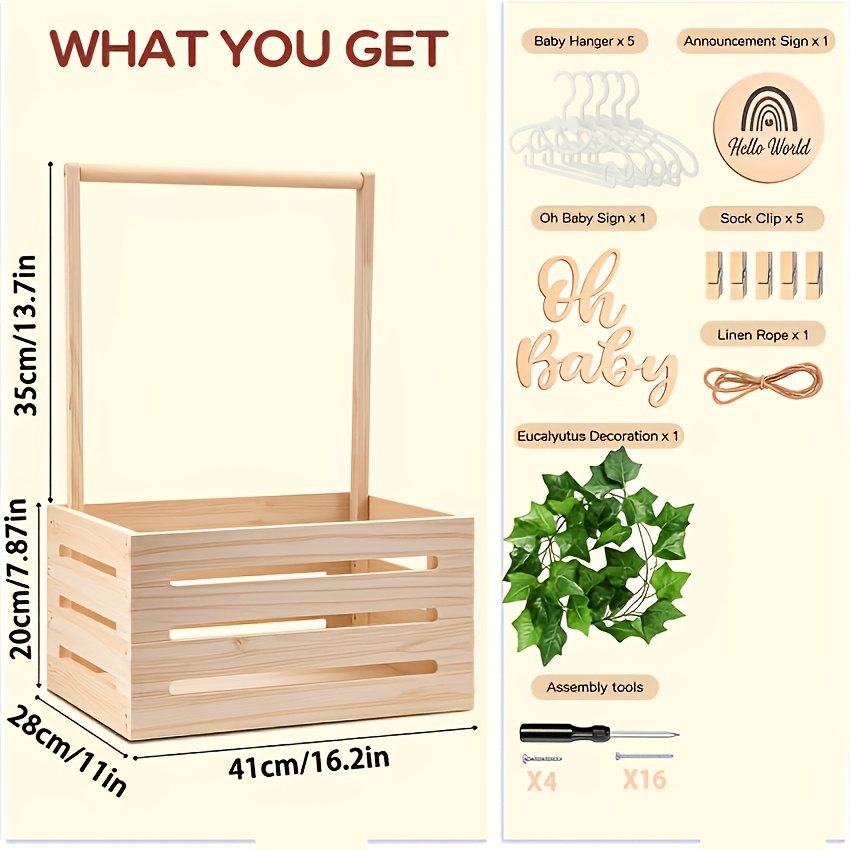 Wooden Crate For Showers - Gift Baskets For With Hangers, A Wooden Storage Box, And A Large Container For Clothing For New Parents