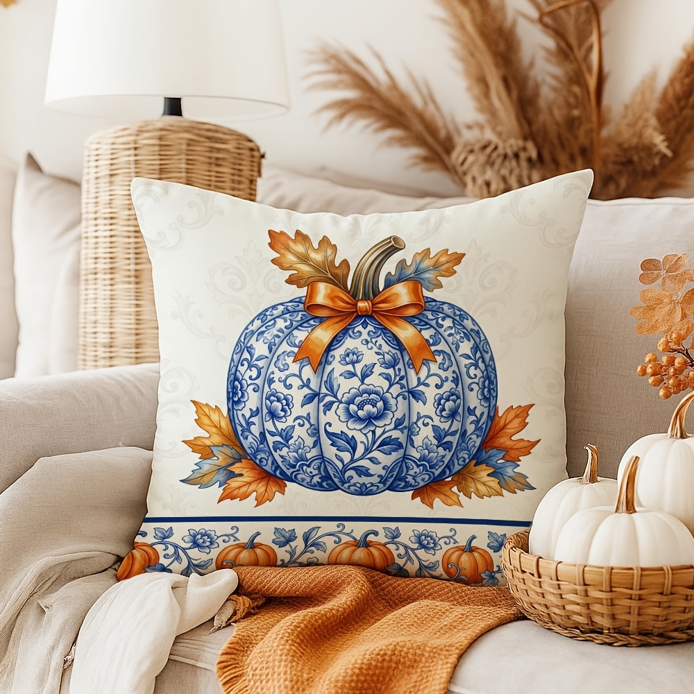 TEMU 1pc Chinoiserie Fall Decor Throw Pillow Cover 18x18 Inch/45x45cm Blue Floral Pumpkin Pattern Polyester Pillowcase Suitable For Bedroom, Sofa,