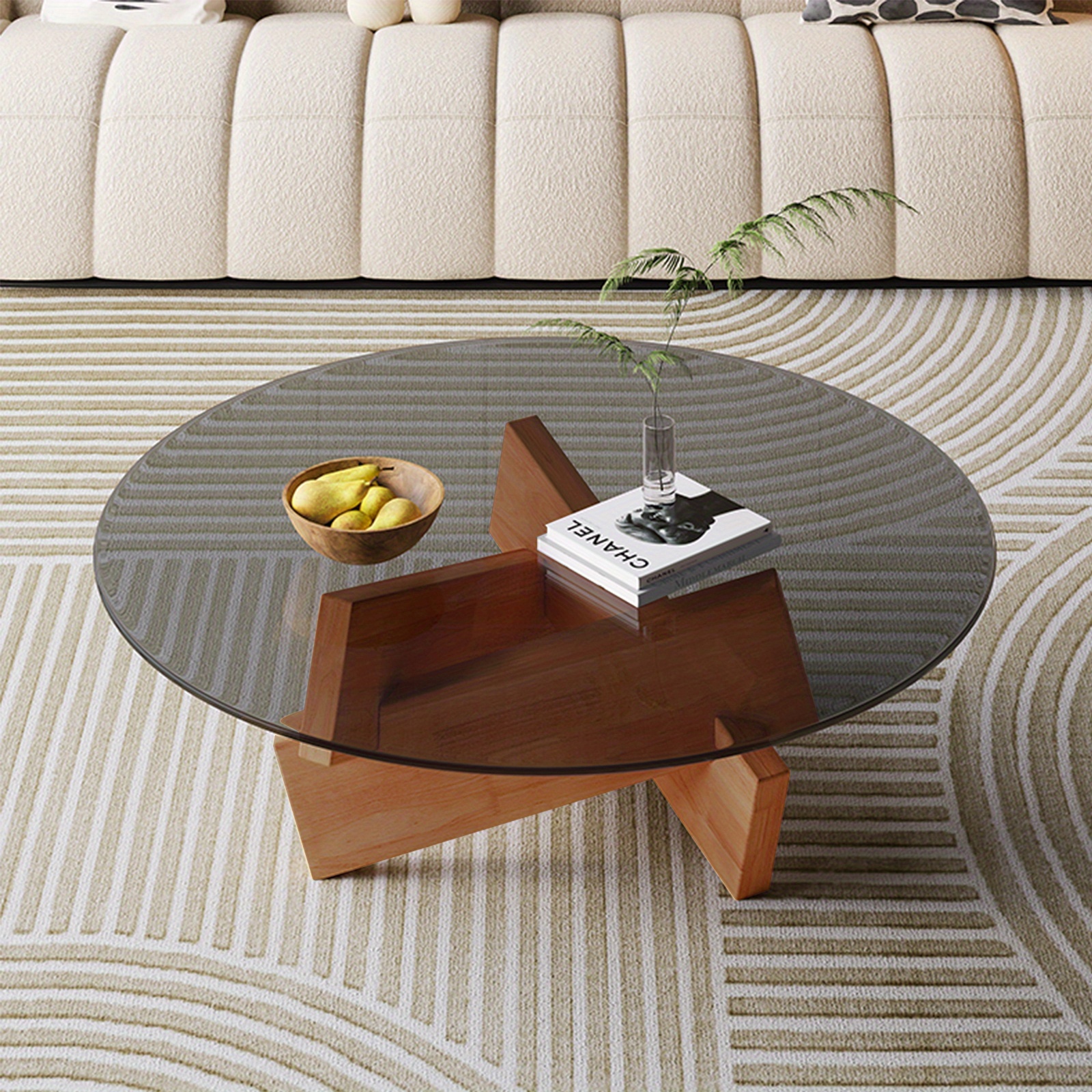 Round Glass Coffee Table With Geometric Wooden Base, 70cm Diameter Modern Living Room Small Coffee Table