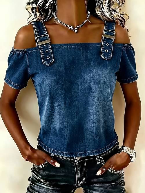 top da donna in denim con spalle scoperte e maniche corte