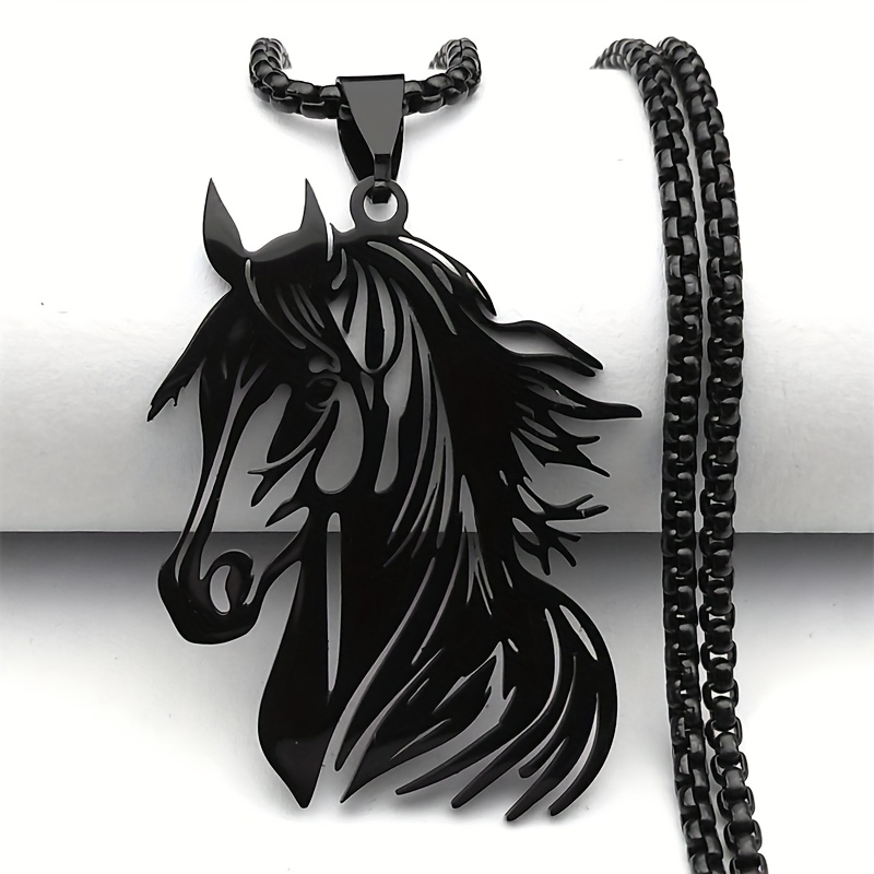 TEMU Hollow Horse Head Pendant Necklace For Women Men Stainless Steel Golden Accessories Necklaces Gift Jewelry Collar