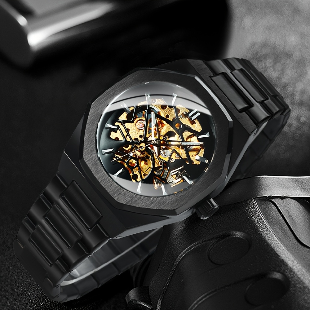 1pc Business Watch for Men Irregular Skeleton Automatic Mechanical Watches Stainless Steel Strap Fashion Casual Wristwatches