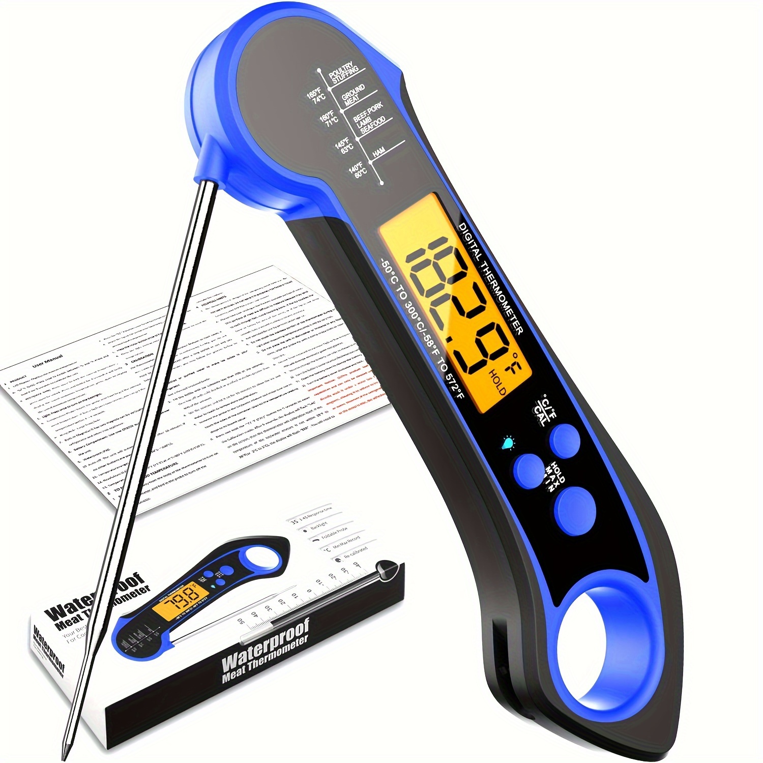 

Digital Food Thermometer With Magnetic Base - Rechargeable, Waterproof Kitchen & Restaurant Meat Temperature Gauge
