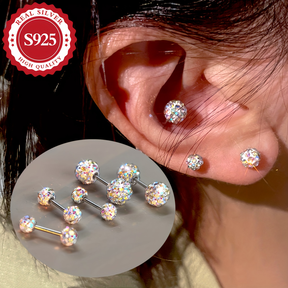 Set, Argint S925, Cercei Sferici Iridescenti Stralucitori, Hipoalergenici, 3Mm (1.4G) 4Mm (1.52G) 5Mm (1.81G)