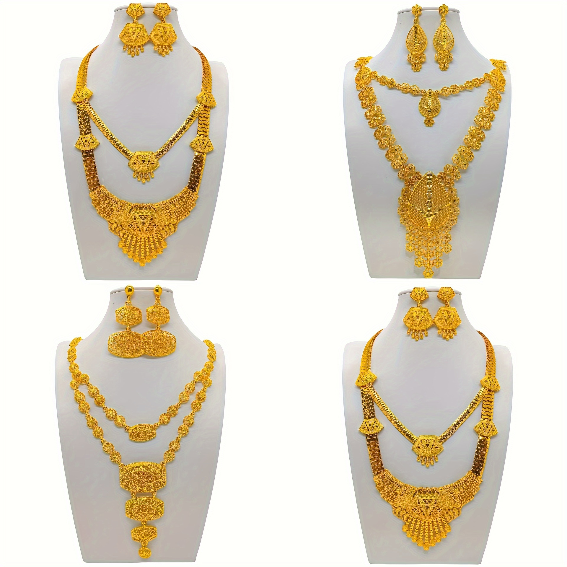 

Exaggerated Geometric Shape Carved Pattern Dangle Earrings & Necklace Bollywood Luxury Style Wedding Jewelry Set