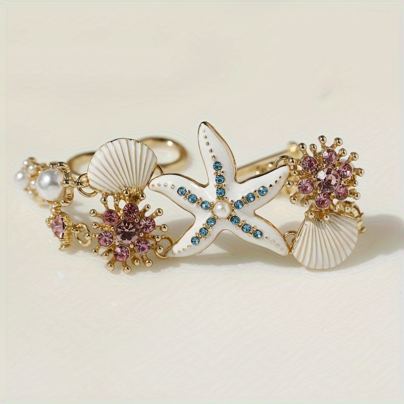 Bohemian Ocean Starfish & Seashell Bracelet with Rhinestones